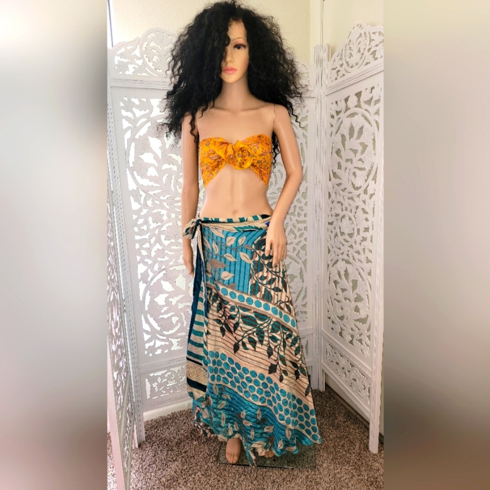 Exotic Silk Turquoise Print Boho Wrap Maxi Skirt